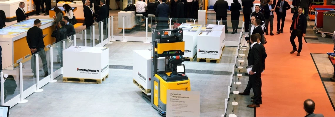 Logistics trade fair showcasing automated material handling systems and intralogistics solutions