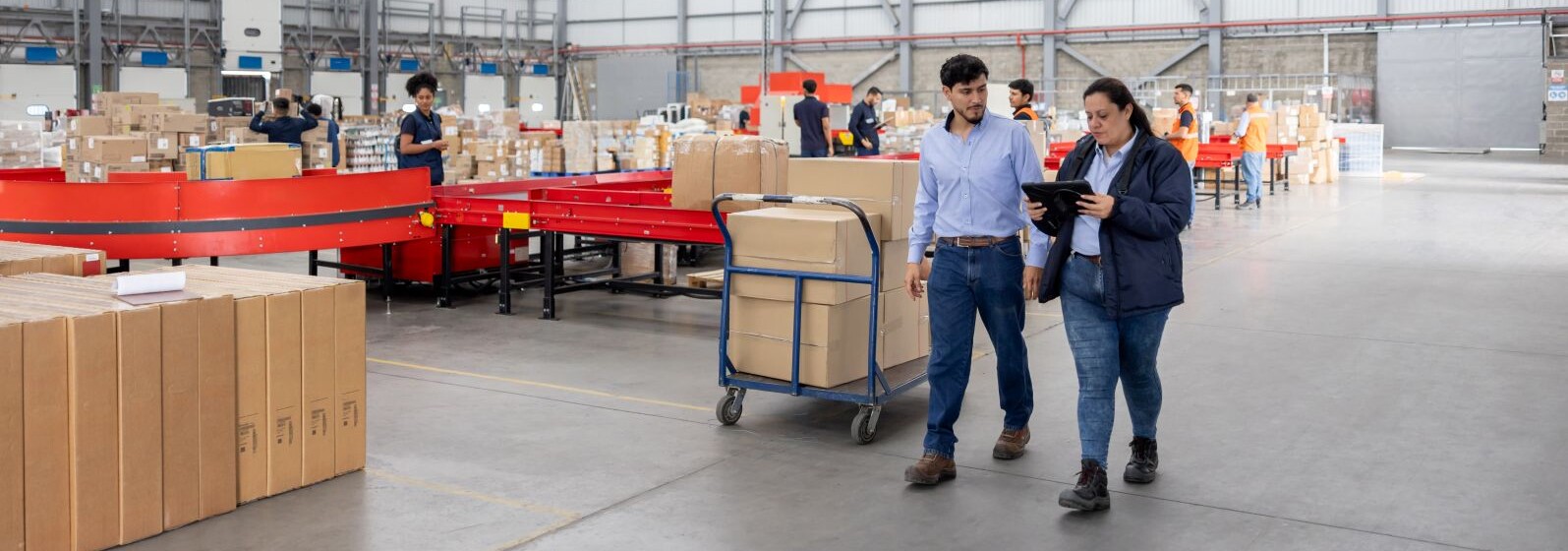 Two colleagues reviewing a tablet while walking through a large distribution warehouse with conveyor belts and packed boxes in the background.