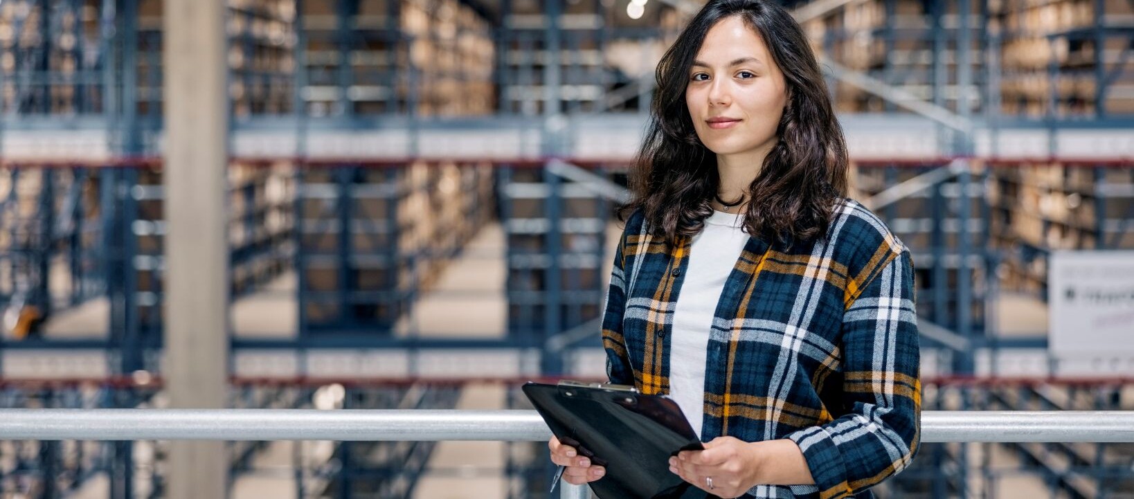 Woman with a clipboard standing in a warehouse with tall storage shelves