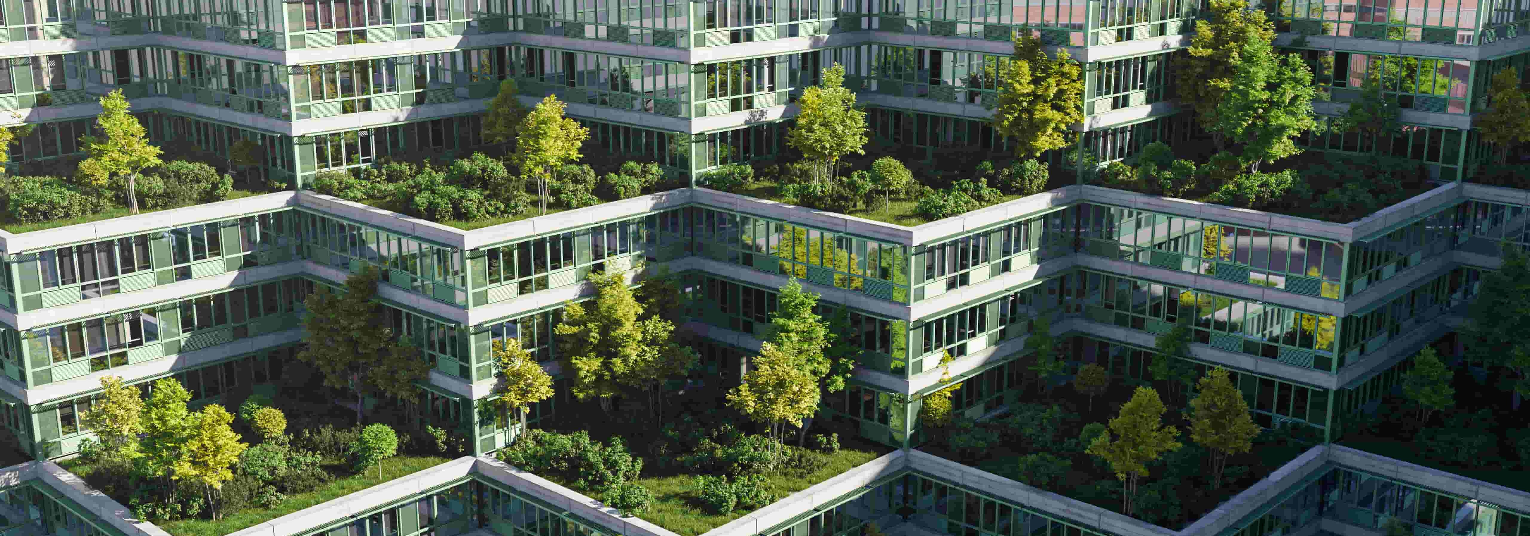 A row of houses with roofs made out of greens.