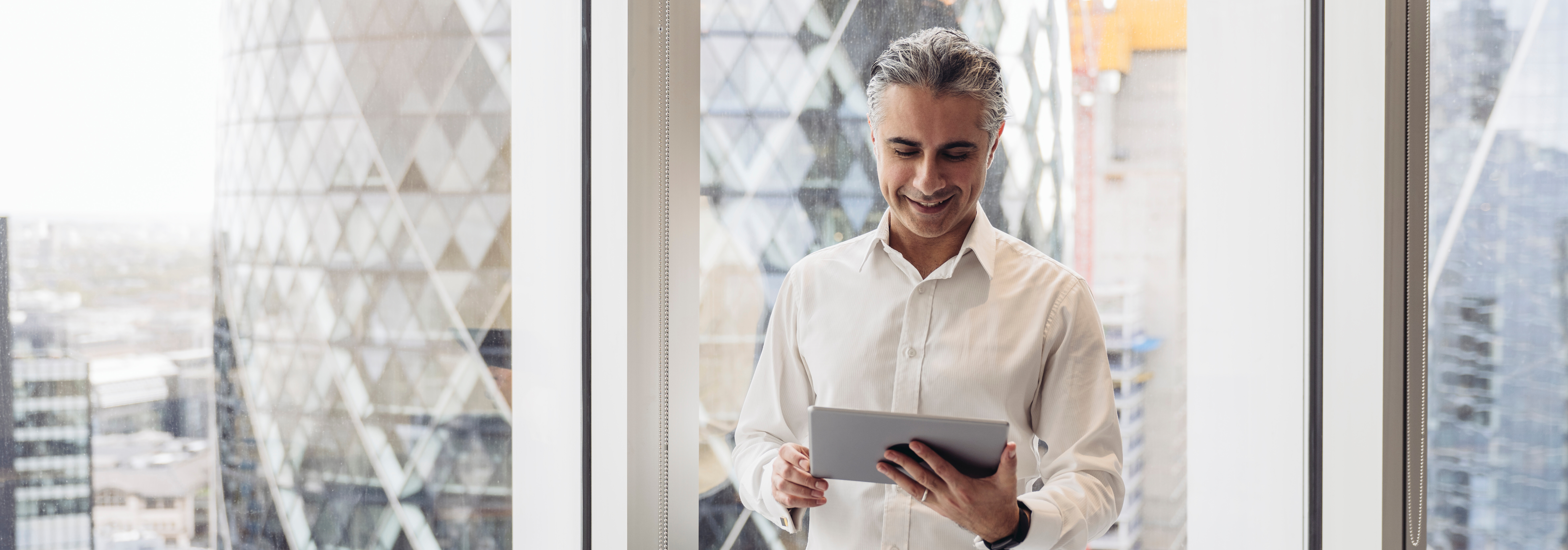 Business professional standing by a window, reading information on a tablet.