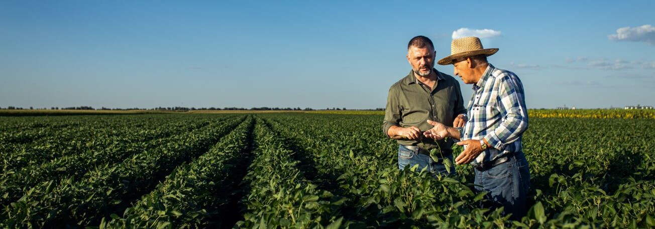 Deux fermiers qui parlent dans un champs